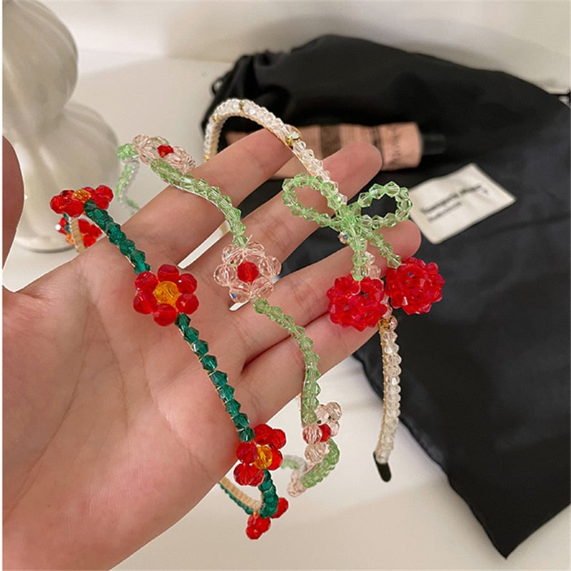AOMU Romantic Green Crystal Cherry Fruit Headband Retro Irregular Geometric Red Small Flower Wave Headwear for Women Accessories