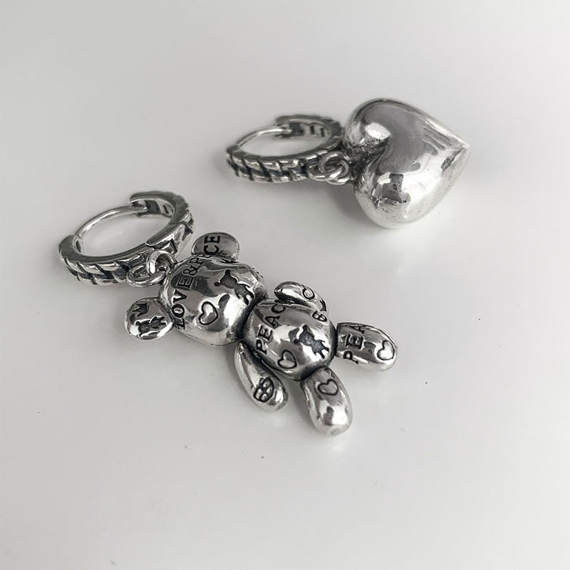 FOXANRY Prevent Allergy 925 Sterling Silver Hoop Earrings Vintage Accessories Little Bear LOVE Heart Asymmetric Party Jewelry