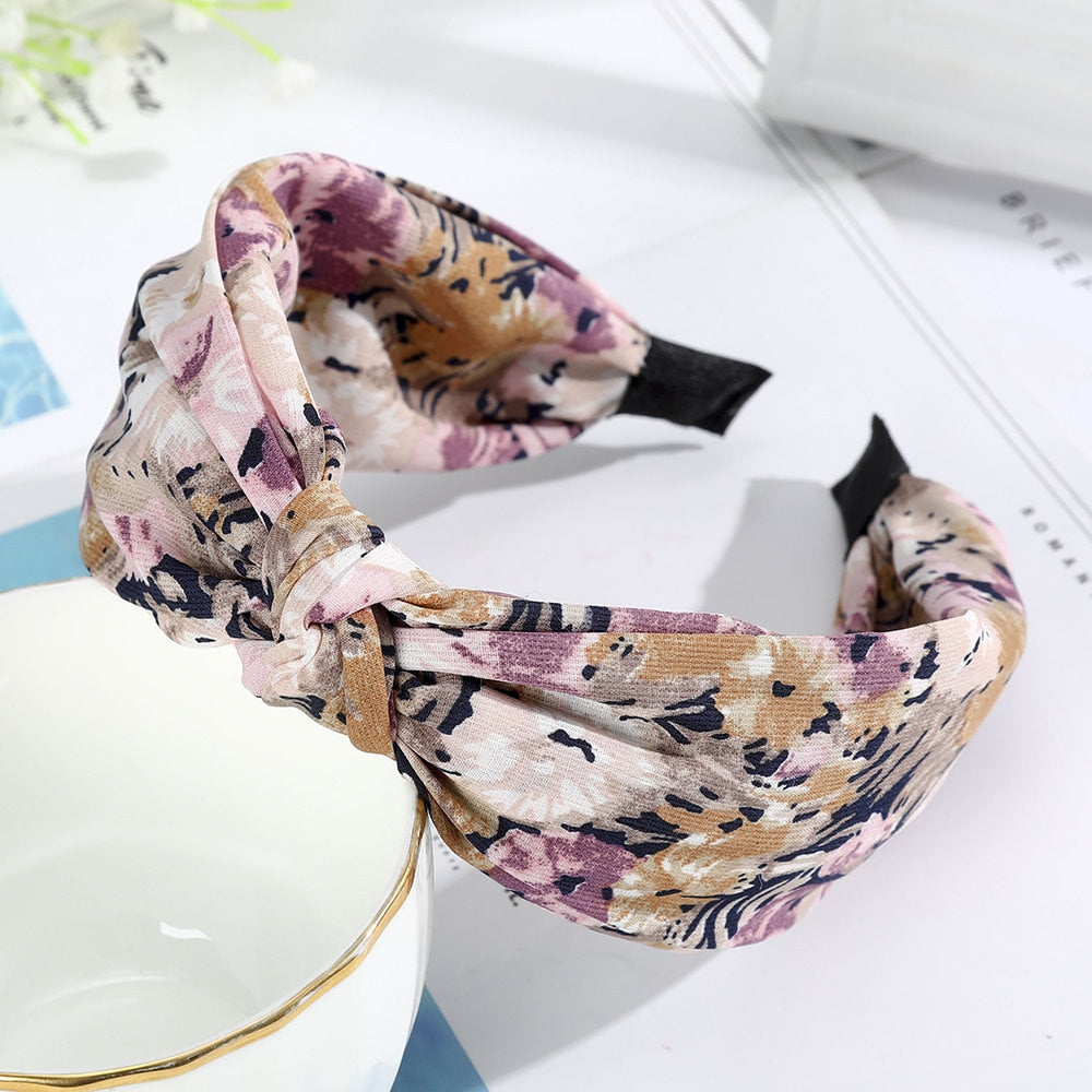AWAYTR Flower Print Folds Headband Bezel Turban Elastic Scrunchies for Women Bow Hairband Girls Hair Accessories Jewelry Bands