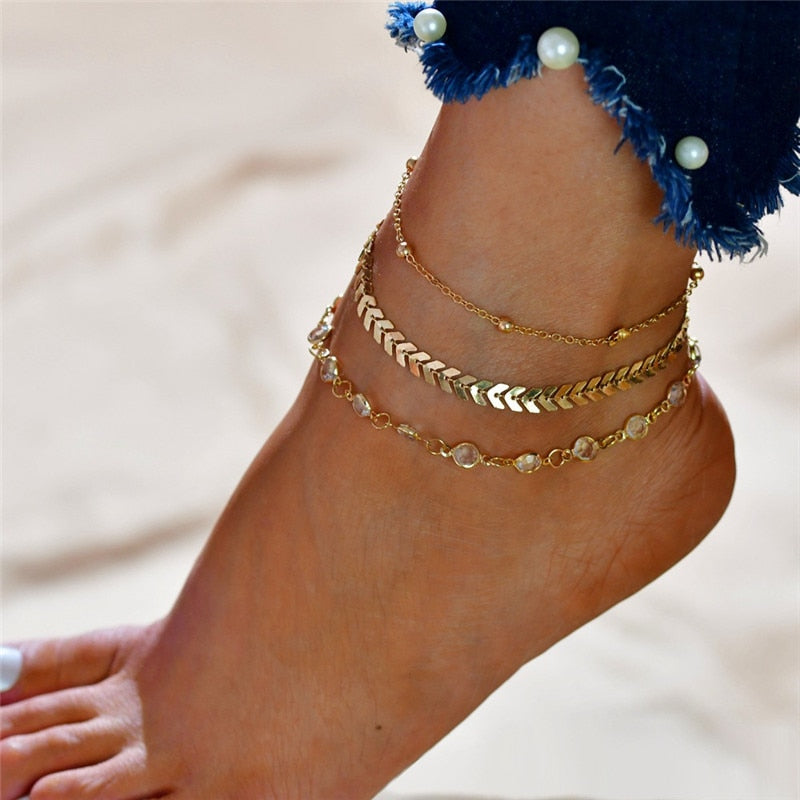Bohemia Gold Color Chain Ankle Bracelet On Leg Foot Jewelry Boho Beads Key Butterfly Charm Anklet Set For Women Accessories