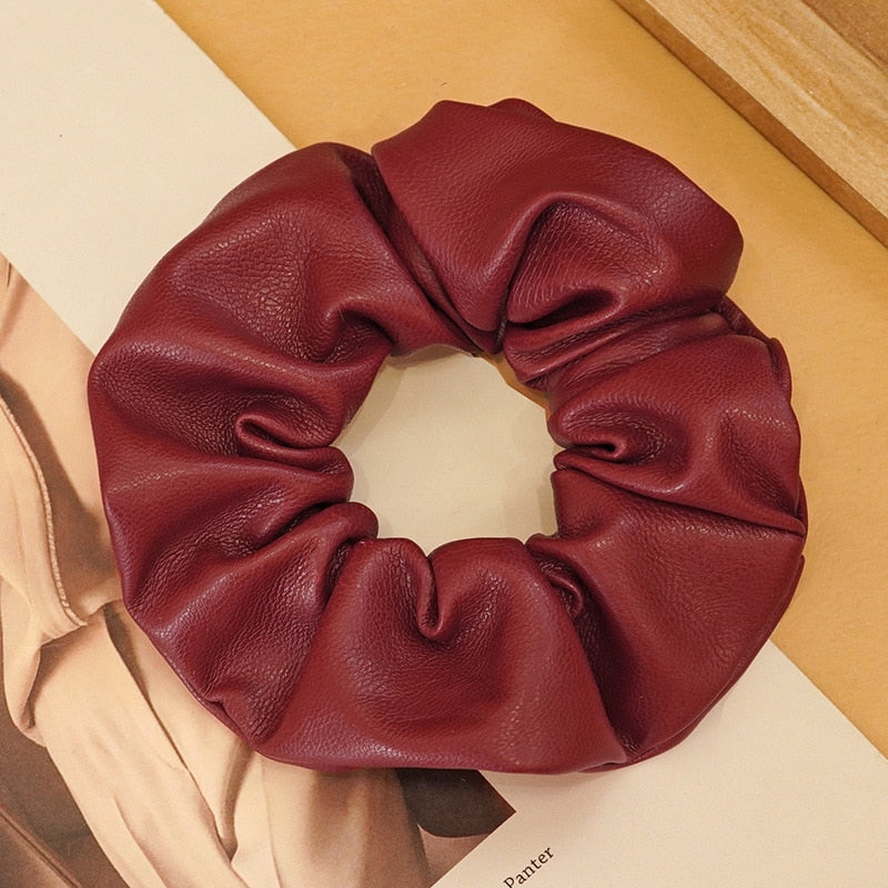 Vintage Solid Color PU Leather Scrunchie Elastic Hair Bands for Women Large Ponytail Holder Hair Rope Headwear Hair Accessories