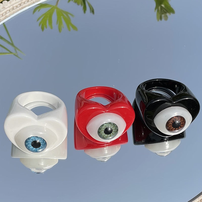 New Gothic Punk Colorful Love Heart Evil Eye Resin Acrylic Rings For Women Funny Candy Color Lucky Eye Finger Ring Jewelry Gifts
