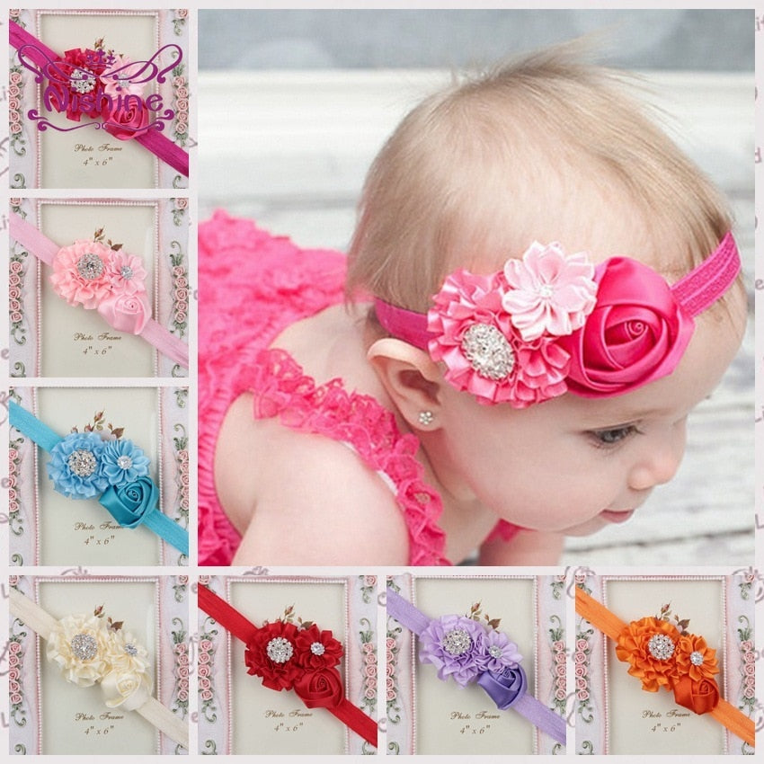 Nishine Fashion Rose Flower Headband with Rhinestone Button Kids&#39; Hair Accessories Handmade Children Headwear Girls Gift