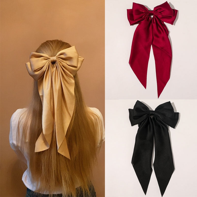 New Headwear Big Large Satin Bow Hairpins Barrettes for Women Girls Wedding Long Ribbon Hair Clip Hairgrip Bow Hair Accessories