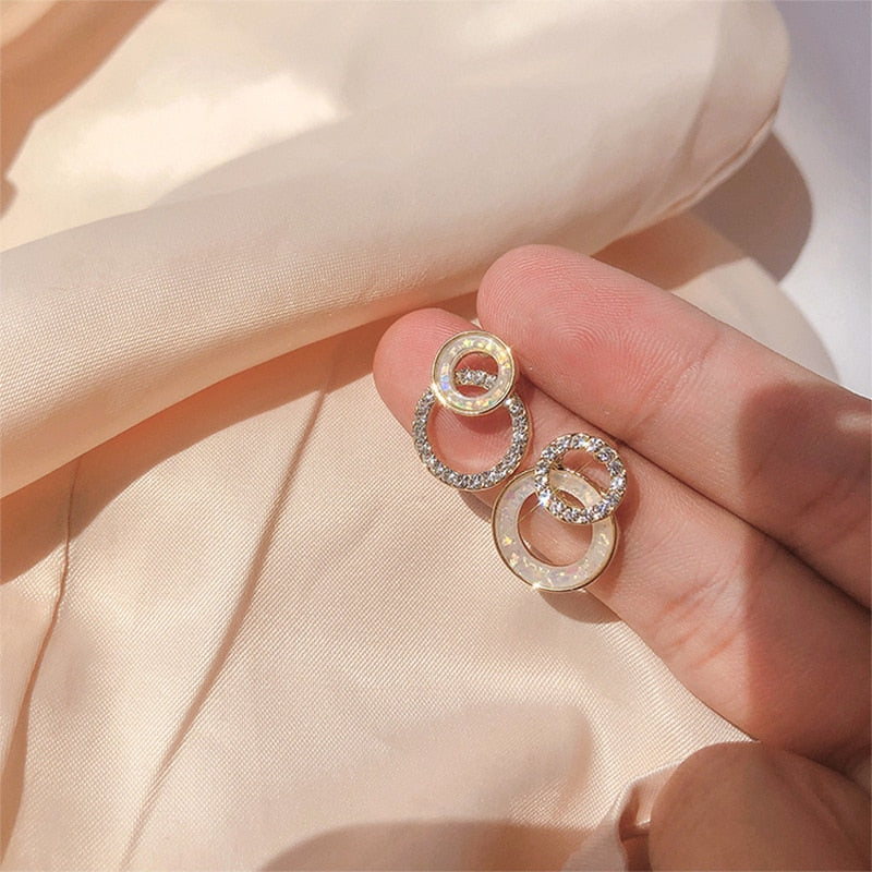 Korean Simple Double Circle Gold Color Metal crystal Drop Earrings For Women Fashion Small Pendientes Jewelry Best Friend Gifts