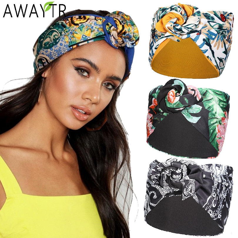 AWAYTR Twist Hairband Metal Scarf Wire Headband Boho Prints Ribbon Scrunchie Flower Bandana Turban Wrap Women Hair Accessories