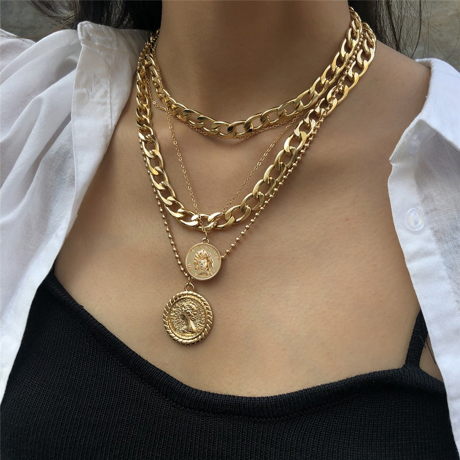 Punk Miami Cuban Choker Necklace Steampunk Men Jewelry Vintage Big Coin Pendant Chunky Chain Necklace for Women Neck Accessories