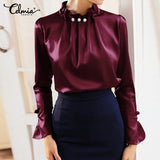 Women Satin Blouses Elegant Long Sleeve Silk Tops  Pearl Stand Collar Female Office Shirts Solid Casual Party Blusas