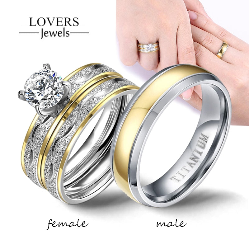 Couple Rings - Women Exquisite Rhinestones Zirconia Rings Set Simple Stainless Steel Men Ring Fashion Jewelry For Lover Gifts