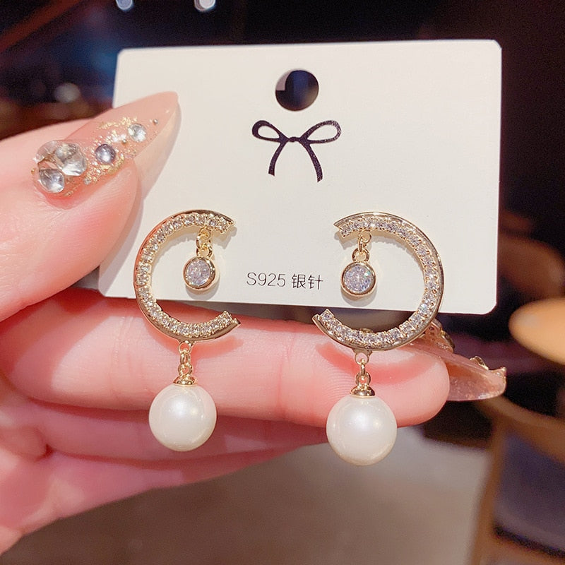 Luxury Female Big White Round Hoop Earrings Fashion Gold Color Color Wedding Earrings Double Zircon Stone Earrings For Women