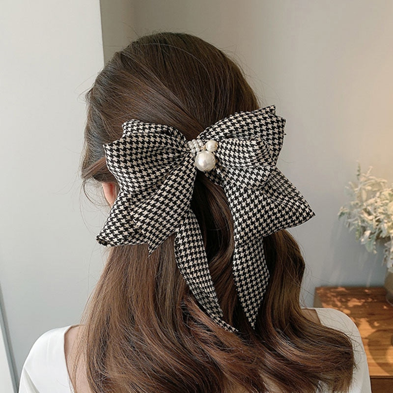 New Oversize Bowknot Pearl Barrettes Net Yarn Hairpins Women Houndstooth Hair Clips Ribbon Hair Clips Ponytail Hair Accessories