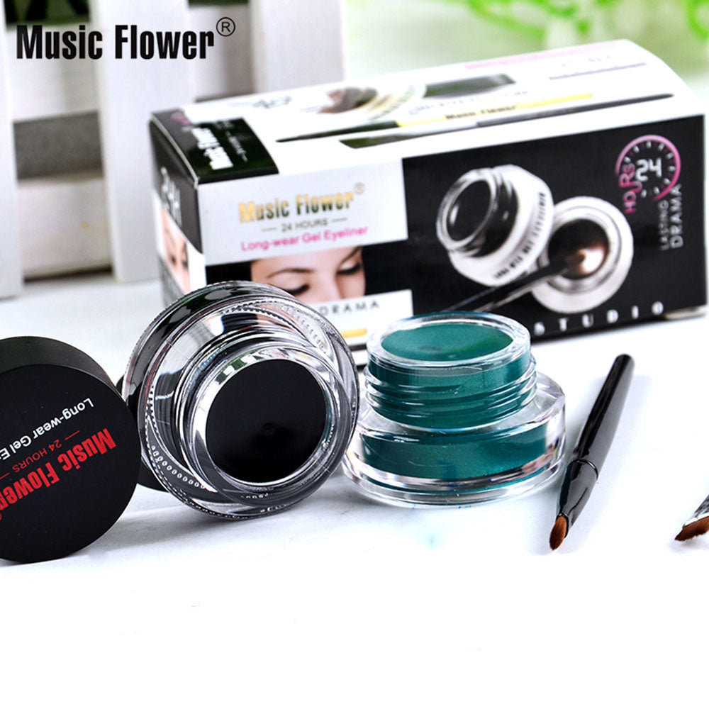 Music Flower 2 in 1 Coffee + Black Gel Cream Eyeliner Make Up Waterproof Cosmetics Set Eye Liner + Brushes Makeup Eye Cosmetics