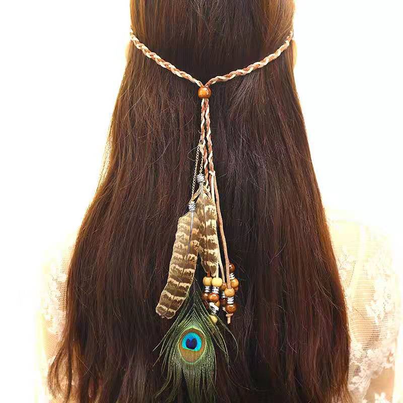 Women vintage Indian Headband Headdress For Girl Adjustable Bohemian Head Rope Bandage Peacock Feather Hair Hoop Band Headwear