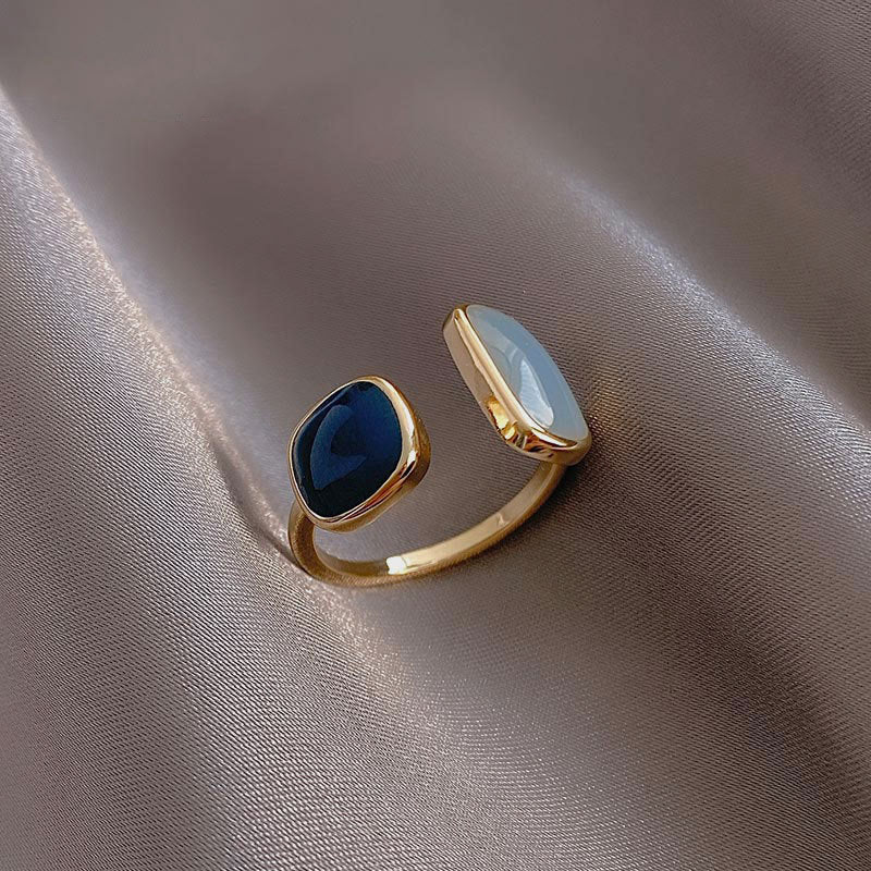 2022 French New Retro Square Blue Oil Dripping Ring Fashion Temperament Simple Opening Ring Women&#39;s Jewelry