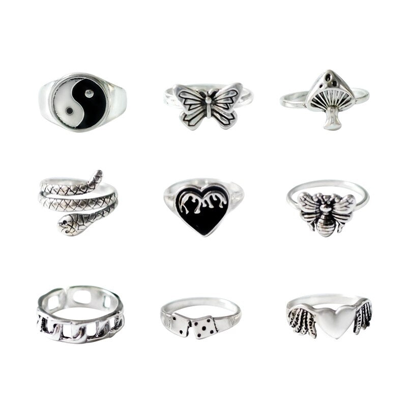Vintage Gothic Skull Flower Angel Rings for Women Hip Hop Silver Color Butterfly Heart Finger Ring Fashion Streatwear Jewelry