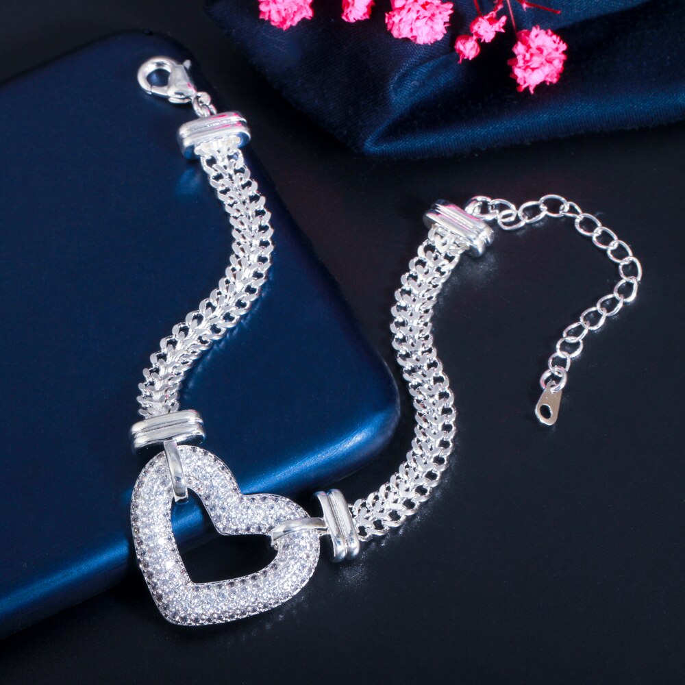 CWWZircons Luxury Gold Color Cubic Zirconia Heart Bracelets Choker Necklace Sets for Women Wedding Bridal Jewelry Bijoux T500