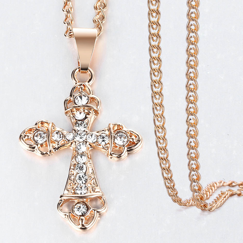 Cross Crucifix Clear Crystal Pendant Necklace for Men Women 585 Rose Gold Prayer Jesus Snail Link Chain Wholesale Jewelry GPM26