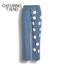 Load image into Gallery viewer, Fashion Chic Woman jeans high waisted  Straight cute female denim long pants trousers vintage daisies printed women jeans