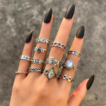 Load image into Gallery viewer, Punk Gothic Butterfly Snake Chain Ring Set for Women Black Dice Vintage Silver Plated Retro Rhinestone Charm  Finger Jewelry