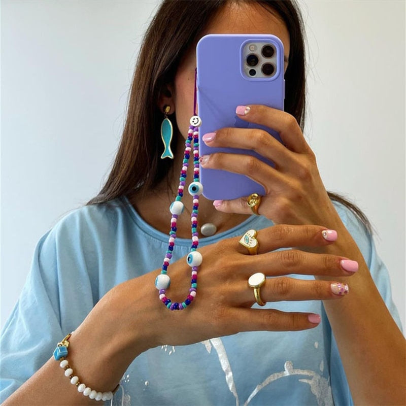 NEW Soft Pottery Creativity Smiley Heishi Chains Star Charm Evil Eye Jewelry Phone Chain Beaded Strap Wrist Mobile PhoneLanyard
