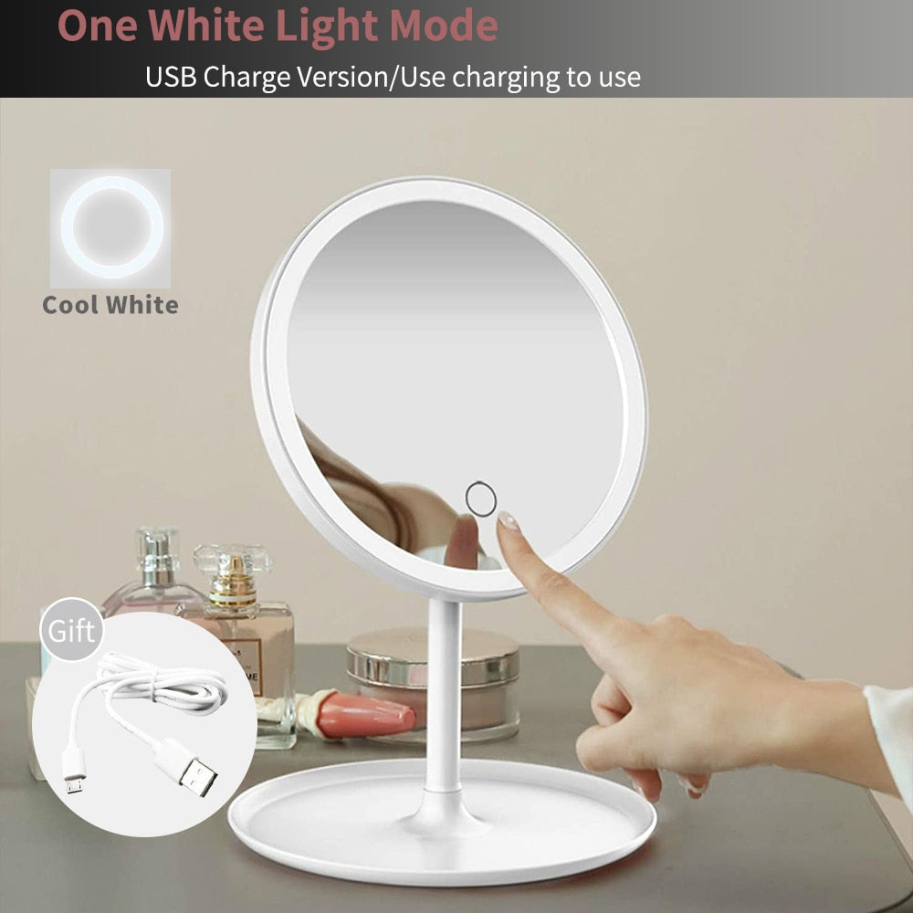 LED Makeup Mirror With Light Lamp With Storage Desktop Rotating Cosmetic Mirror Light Adjustable Dimming USB  Vanity Mirror