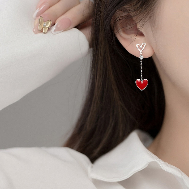 Korean New Asymmetric Red Heart Stud Earrings For Women Creative Hollow ECG Tassel Zircon Pearl Earrings Girl Party Jewelry Gift