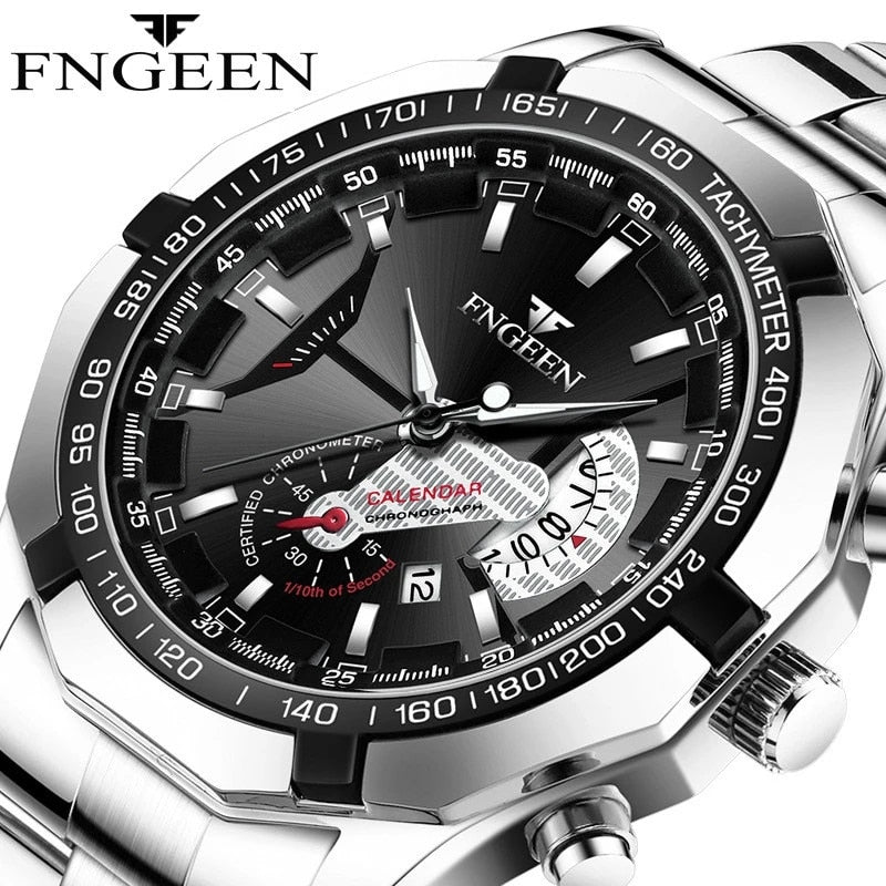 FNGEEN Luxury Men&#39;s Watches Stainless Steel Band Fashion Waterproof Quartz Watch For Man Calendar Male Clock Reloj Hombre S001