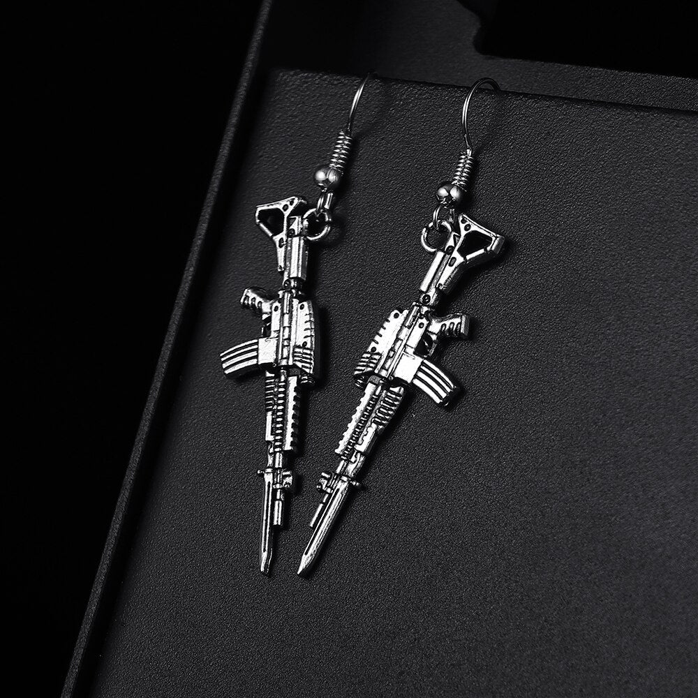 Trendy Vintage Rifle Gun Shape Antique Silver Plated Punk Hiphop Rock Style Retro Drop Earrings for Women Girl &amp; Man Jewelry