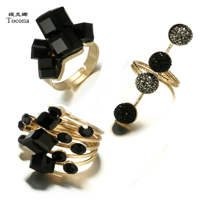 Tocona Punk Antique Black Crystal Stone Opening Gold Rings Set for Women Men Adjustable Gothic Statement Party Jewelry кольца