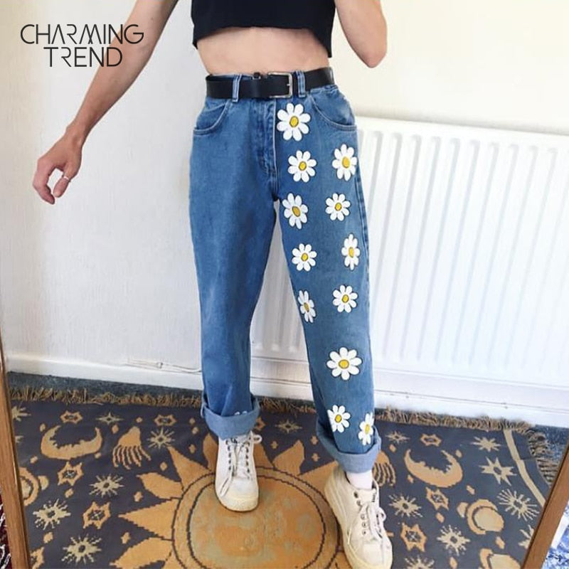 Fashion Chic Woman jeans high waisted  Straight cute female denim long pants trousers vintage daisies printed women jeans