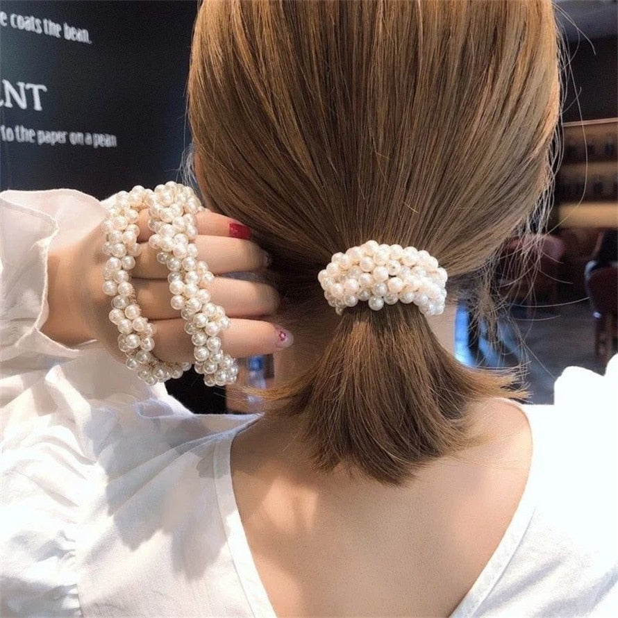 Woman Elegant Pearl Hair Ties Beads Girls Bow Scrunchies Rubber Hairbands Ponytail Holders Hair Accessories Elastic Hair Bands