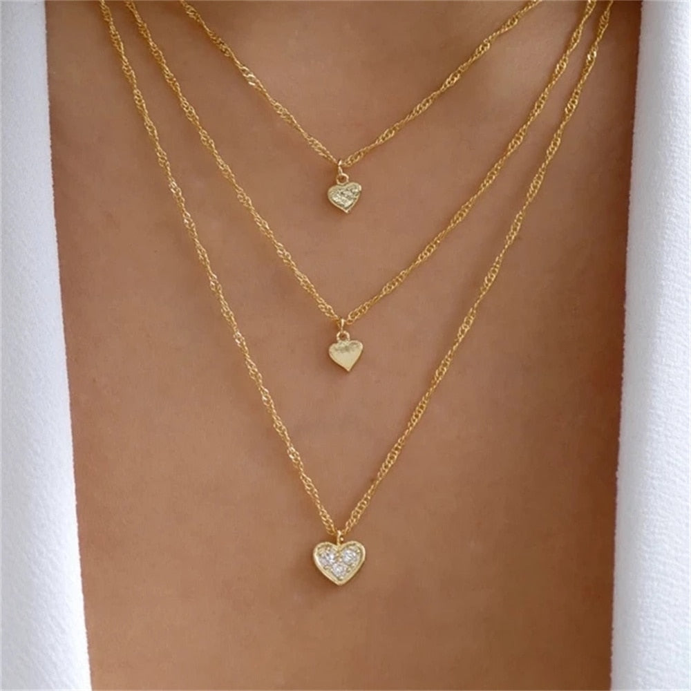 Bls-miracle Fashion Gold Heart-Shaped Necklace For Women Trendy Multi-Layer Pendant Necklaces Set Jewelry Gifts