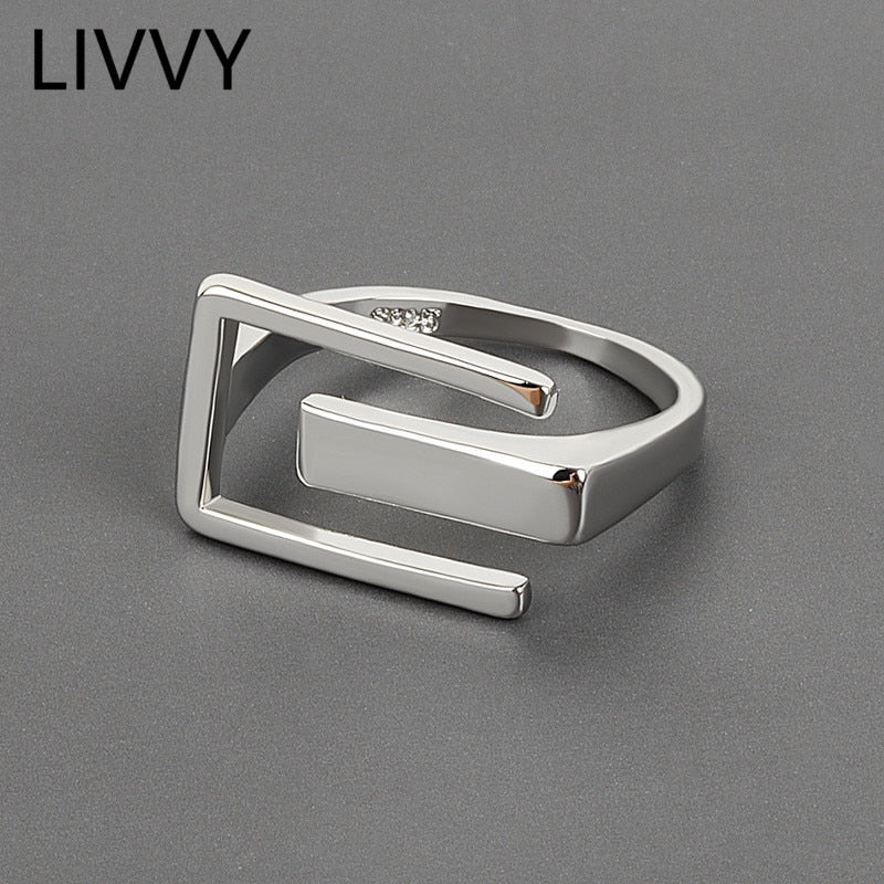 LIVVY Minimalist  Silver Color Hollow Out Geometric Ring Adjustable  Simple Handmade Opening Finger Fashion Jewelry Couple