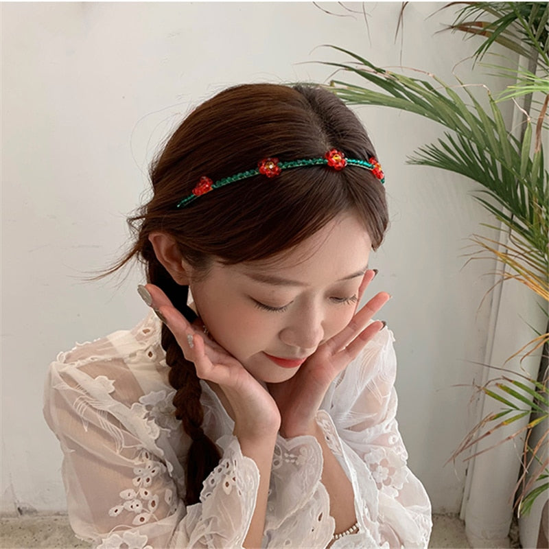 AOMU Romantic Green Crystal Cherry Fruit Headband Retro Irregular Geometric Red Small Flower Wave Headwear for Women Accessories