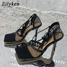 Load image into Gallery viewer, Eilyken 2022 New Sexy Yellow Mesh Pumps Sandals Female Square Toe High Heel Lace Up Cross-Tied Stiletto Hollow Dress Shoes