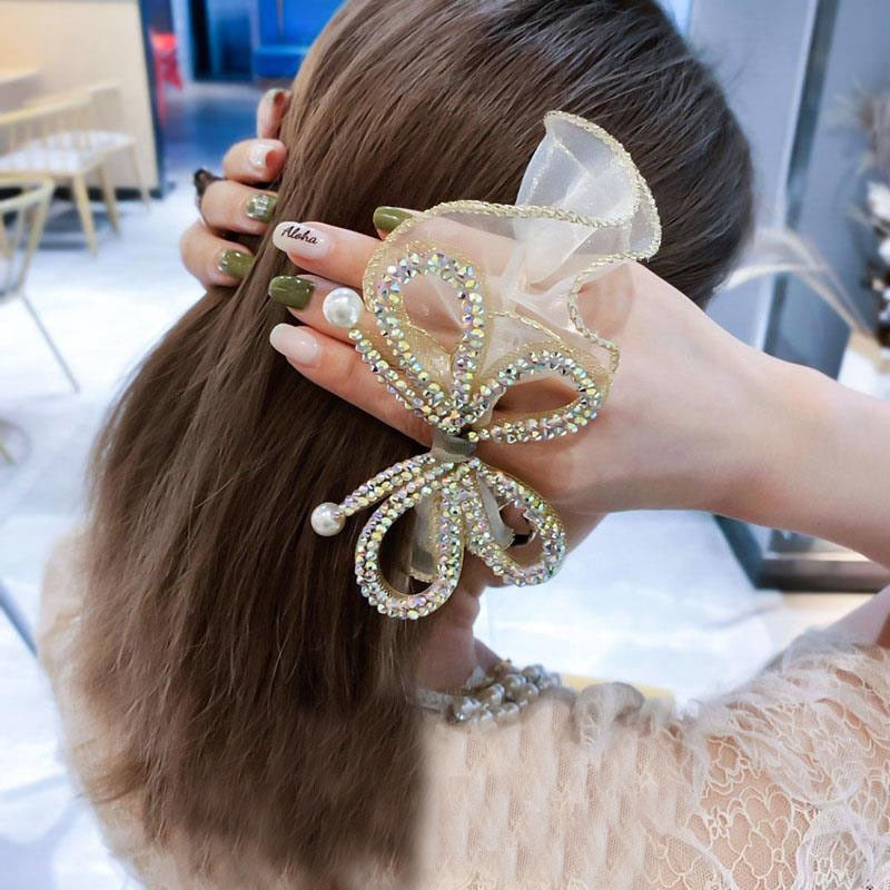 Elegant Large Bow Elastic Hair Bands Fabric Scrunchies Crystal Butterfly Girls Jewelry Rhinestone Headbands for Women Headpiece
