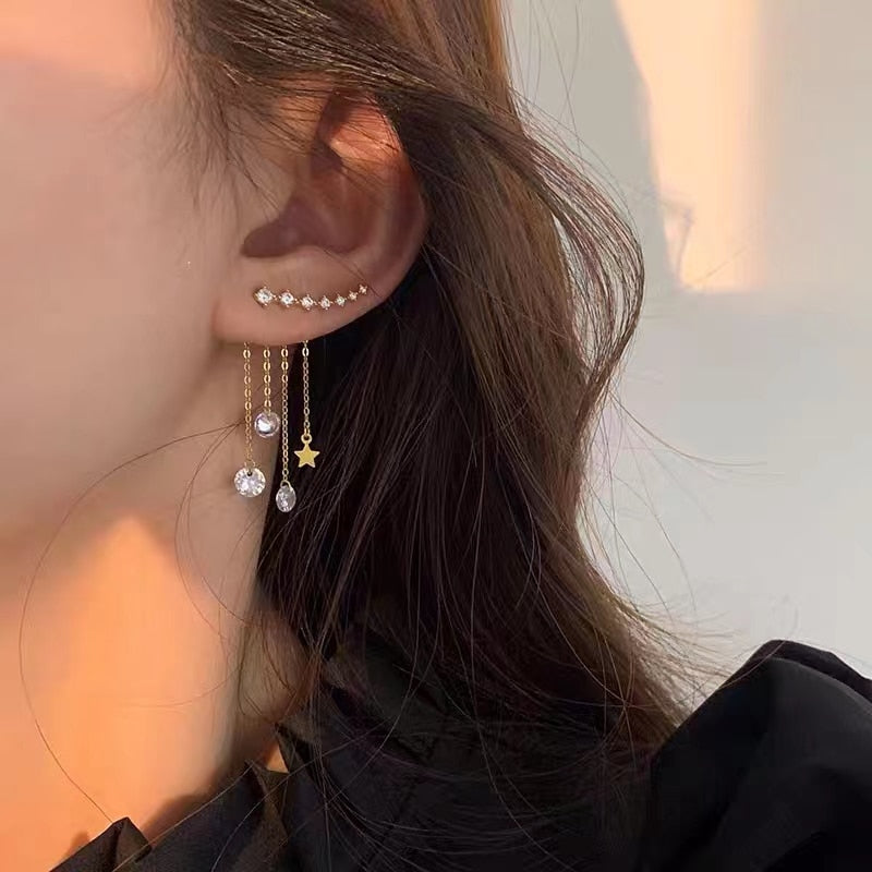 2022 Exquisite Temperament Star Crystal Tassel Drop Earrings Rear Hanging Fashion Women Super Fairy Trendy Wedding Jewelry Gift