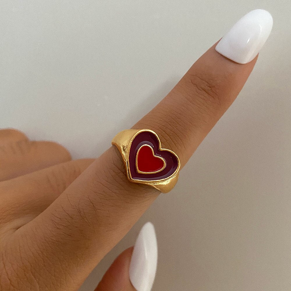 KISS WIFE Vintage Golden Heart Smile Rings Set for Women Ins Style Colorful Love Rings Cute Finger Rings for Girls Jewelry Gifts