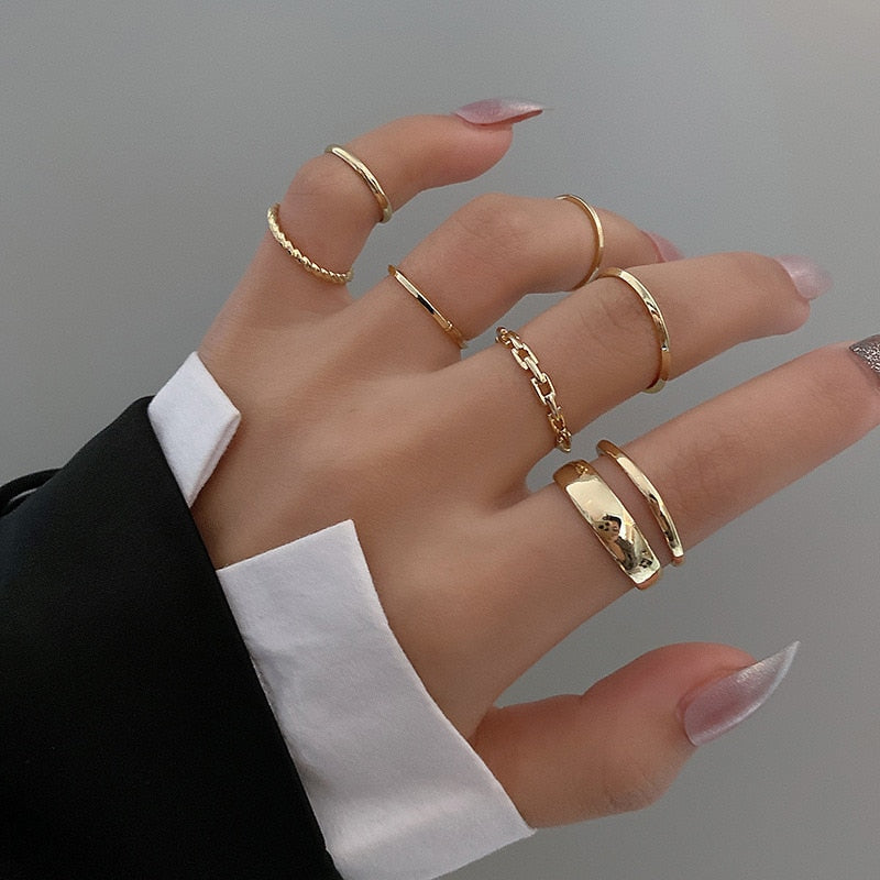 7pcs Fashion Jewelry Rings Set Hot Selling Metal Alloy Hollow Round Opening Women Finger Ring For Girl Lady Party Wedding Gifts
