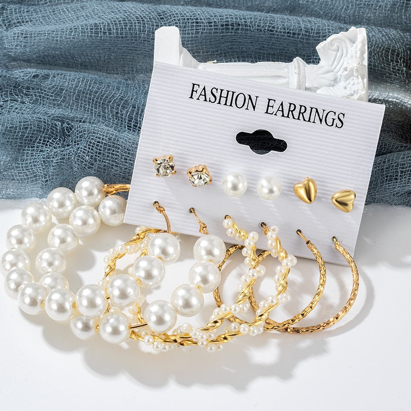 Fashion Vintage Pearl Hoop Earrings Set For Women Elegant Jewelry 2022 Geometric Gold Metal Circle Earrings Set of Brincos Gieeu