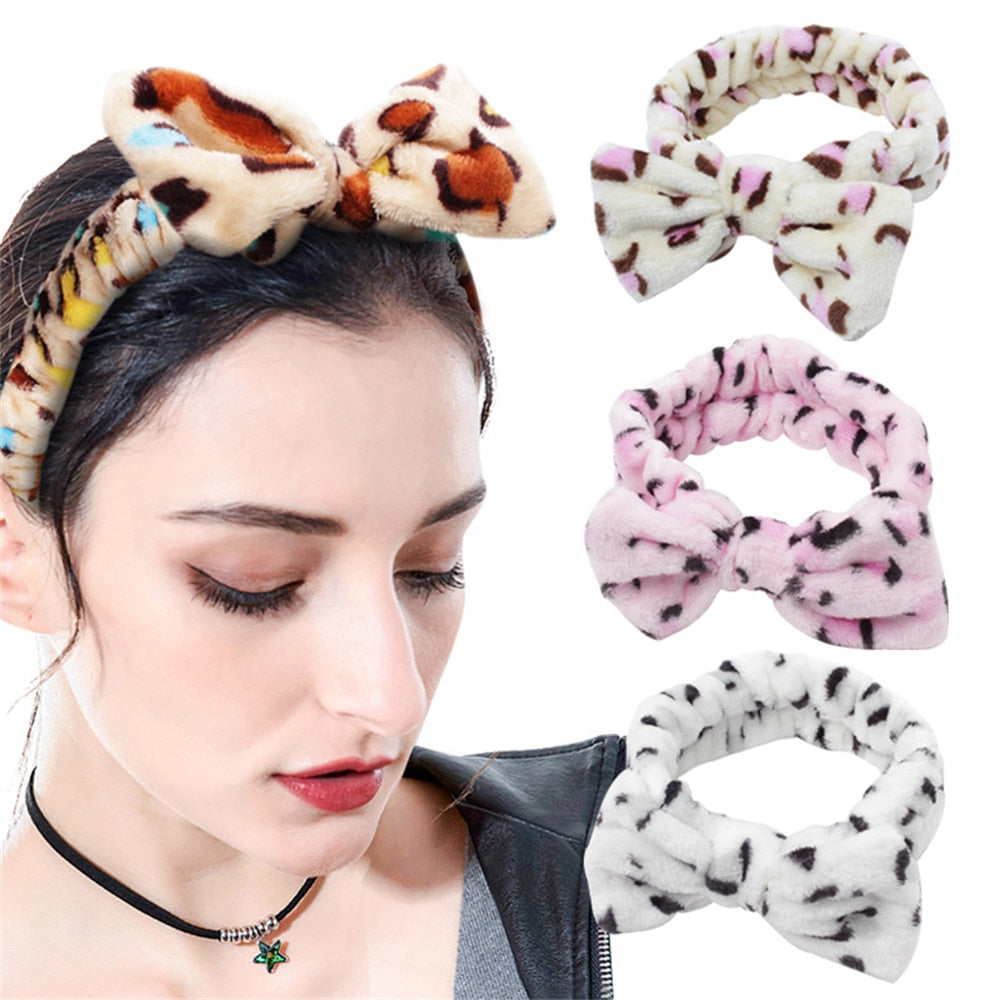 New Makeup Headband Wide-brimmed Elastic Leopard Print Bow Hairbands Cute Girls Hair Bands Women Headwrap Hair Accessories
