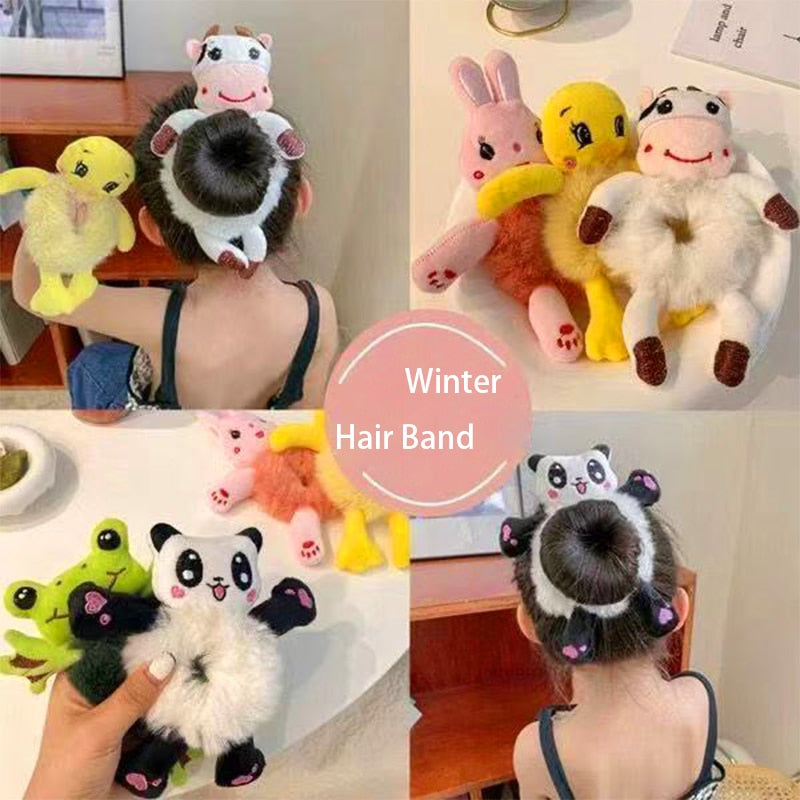 Plush Hair Band Elastic Accessories New Woman Girl Kids Cute Teddy Bear Frog Cat Rabbit Toy Rope Rubber Ties Animal Scrunchies