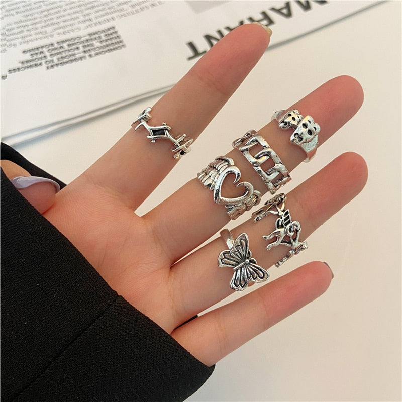 17KM Punk Cool Hiphop Chain Rings Multi-layer Adjustable Open Finger Rings Set Alloy Man Rings for Women Party Gift Jewelry