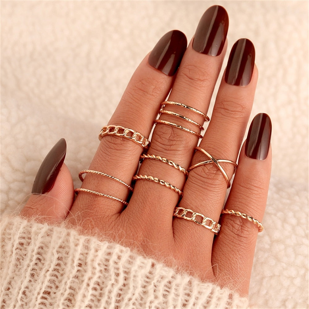FNIO Bohemian Gold Chain Rings Set For Women Fashion Boho Coin Snake Moon Rings Party 2022 Trend Jewelry Gift