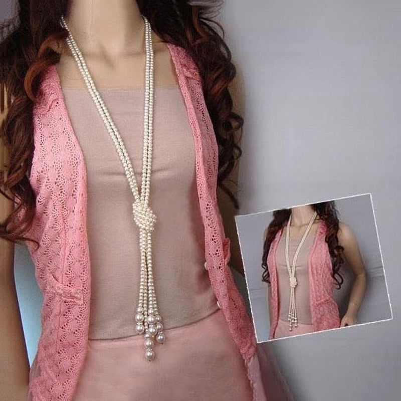 125cm Classic Double Knot Simulated Pearl Tassel Long Necklace Long Knotted Tassel Necklace Female Fashion Sweater Boho Jewelry