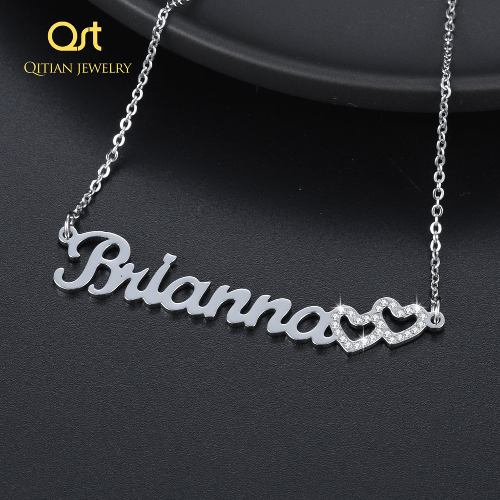 Personalized Iced Out Double Hollow Name Necklace Custom Stainless Steel Charm Nameplate Necklace Jewelry Choker Gifts For Women