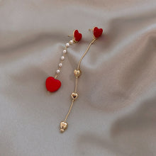 Load image into Gallery viewer, Korean New Asymmetric Red Heart Stud Earrings For Women Creative Hollow ECG Tassel Zircon Pearl Earrings Girl Party Jewelry Gift