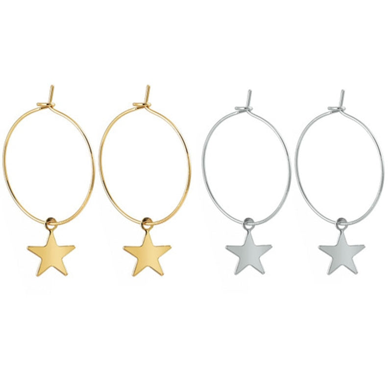 Fashion Gold Silver Color Round Hoop Star Pendant Drop Earring for Women Charm INS Classic Geometric Asymmetric Earring Jewelry