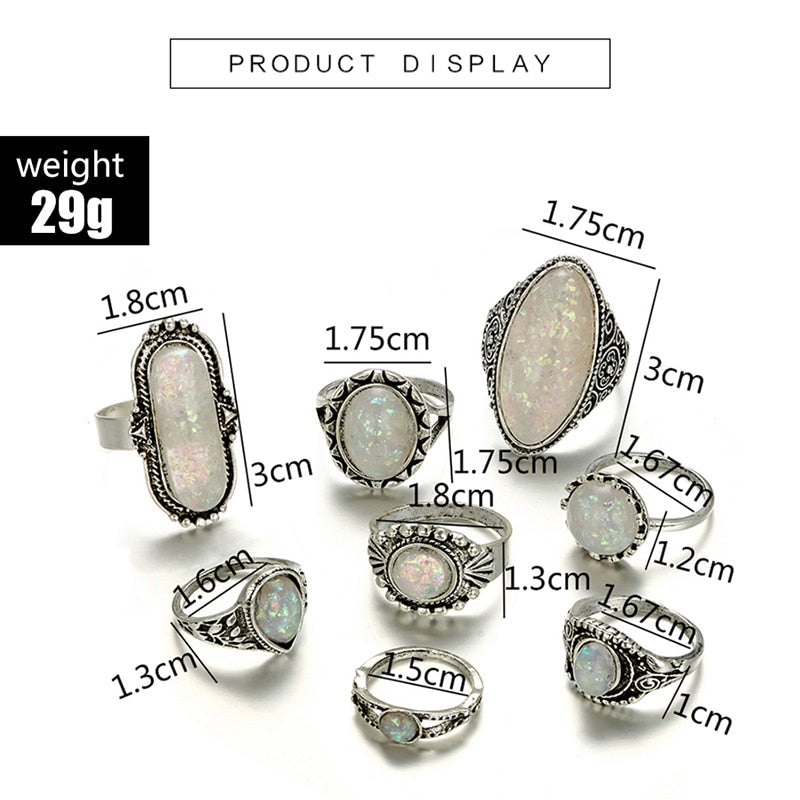 Tocona Vintage Antique Silver Color Rings Sets Colorful Opal Crystal Stone Carve for Women Men Bohemian Jewelry Anillos 6421