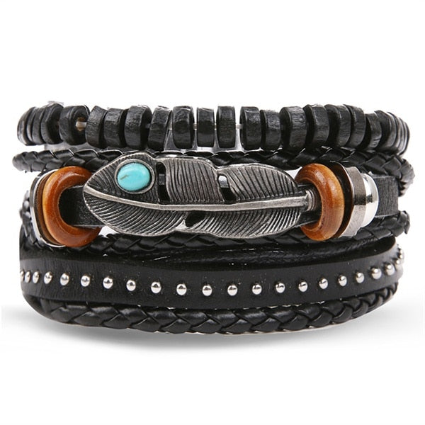 IFMIA Vintage Black Bead Bracelets For Men Fashion Hollow Triangle Leather Bracelet &amp; Bangles Multilayer Wide Wrap Jewelry 2022